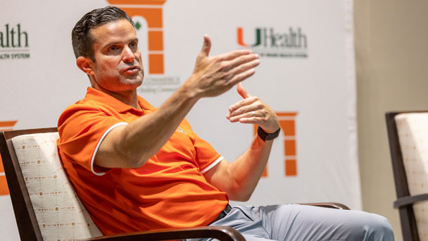 UM Hurricanes Football head coach Manny Diaz sat down with Mark Trowbridge, president and CEO of the Coral Gables Chamber of Commerce, during a Trow Knows CEOs talk held at UM's Schwartz Center for Athletic Excellence.