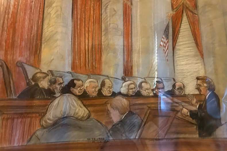In this courtroom sketch prepared for CNN, UM Law Lecturer Harvey Sepler, JD '85, argues a case before the U.S. Supreme Court.