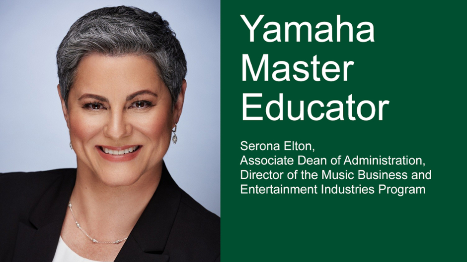 Headshot of Serona Elton with copy on the right stating "Yamaha Master Educator"