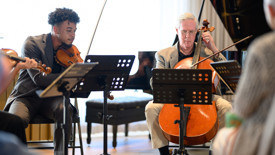 Justin Kinchen performing in a string quartet with Frost professor Ross Harbaugh and (not pictured) faculty Jodi Levitz and Bettina Mussumeli. Photo by Bob McClenahan/courtesy of the Frost School of Music.