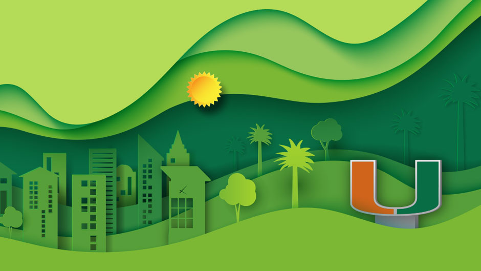 Illustration of a green cityscape with the U branding