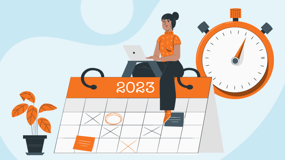 illustration of woman sitting on a 2023 calendar