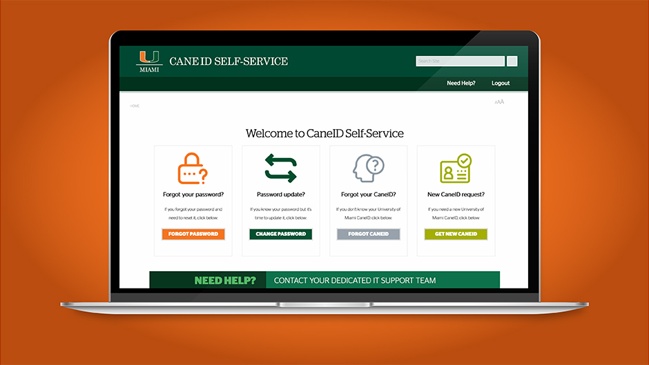 Laptop display of the new CaneID Self-Service webpage. 