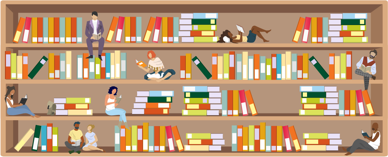 Graphic illustration depicting a bookshelf with people reading books