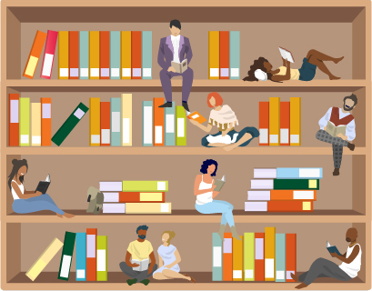 Graphic illustration depicting a bookshelf with people reading books