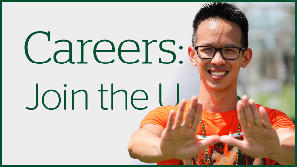 University employee smiles at the camera as he uses his hands to symbolize the "U". There is copy on the left hand side that says " Careers: Join the U"
