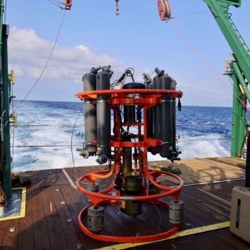 A CTD instrument package sits on the deck of the R/V Walton Smith.