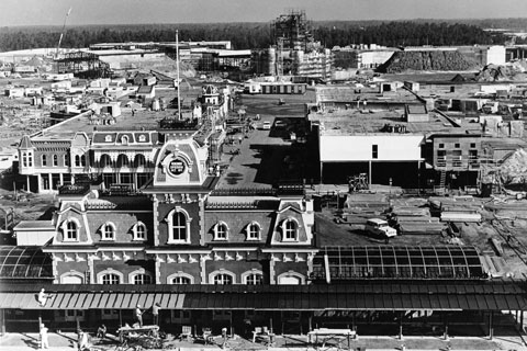 Eastern seaboard architecture of turn of the century America is being recreated in Main Street U.S.A. at Walt Disney World's Magic Kingdom theme park in central Florida, Nov. 1970. Aerial view shows progress of development, scheduled to open in October. Phase 1, which covers 2,500 acres, is a total "Vacation Kingdom," including theme park, similar to Disneyland in California. (AP Photo)