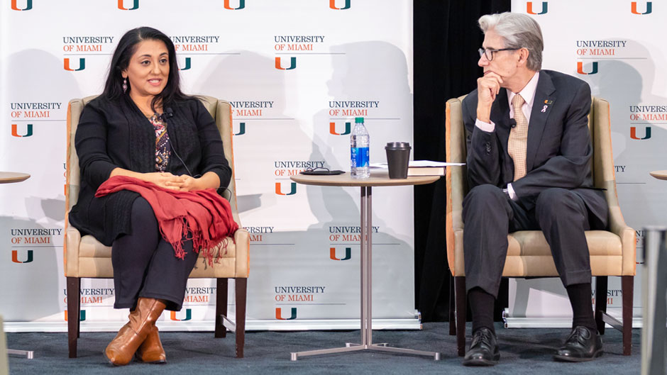 Amishi Jha and University of Miami President Julio Frenk. Photo: Evan Garcia/University of Miami
