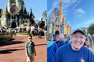 Randy Fitzgerald at Magic Kingdom as a child (left) and as an adult (right).