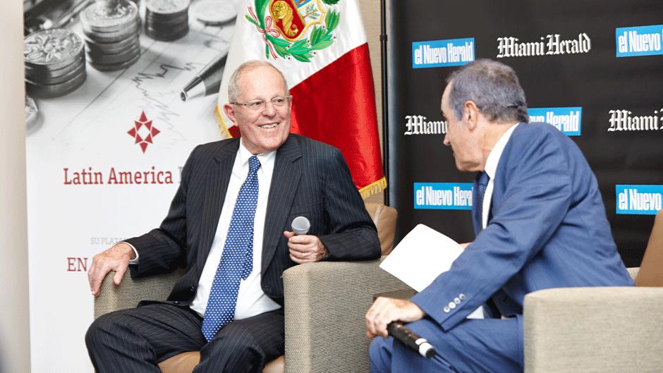Peru President Pedro Pablo Kuczynski sits with Andres Oppenheimer at the Herald Americas Conference