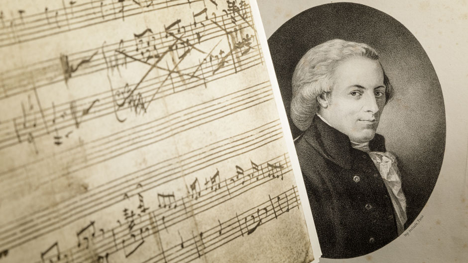 Materials from the recently donated Camner Family Music Collection include: A 1956 facsimile of The Earliest Compositions of Wolfgang Amadeus Mozart (left), and a portrait of Mozart as an adult from L’oca del Cairo (The Goose of Cairo), 1867 (right). Photo: Jose M. Cabrera, University of Miami Libraries