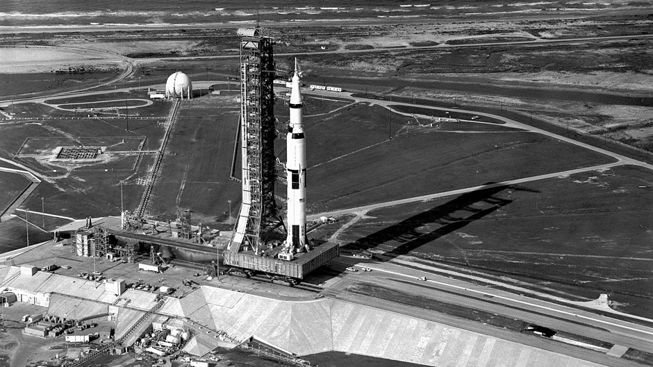 The Saturn V rocket is rolled out to Launch Pad 39A for the Apollo 11 moon mission.