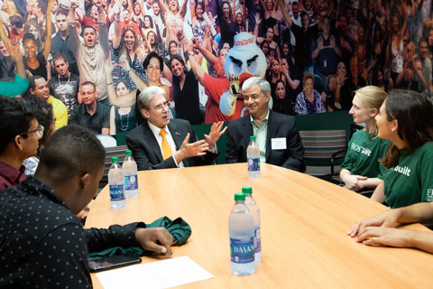 Julio Frenk and William Scott Green meet with the newest Stamps Scholars.