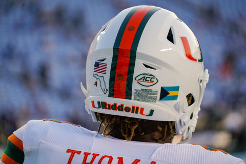 Miami Hurricanes football helmet with Bahamas flag sticker
