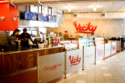 Get an iced cafe con leche at Vicky Cafe in the Hurricane Food Court.