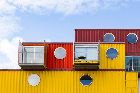 Shipping container repurposed as apartment-style housing.