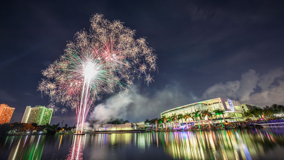 Fireworks over Lake Osceola during 2019 Hurricane Howl festivities.