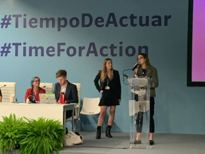 UM law students Gabriela Falla, right, and Natalie Cavellier present at a COP25 panel.