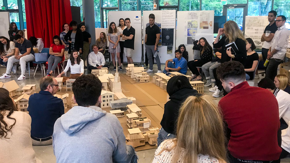 University of Miami School of Architecture first-year students construct a mega-model of a resilient Bahamian village, part of a school-wide initiative of projects focused on the country.