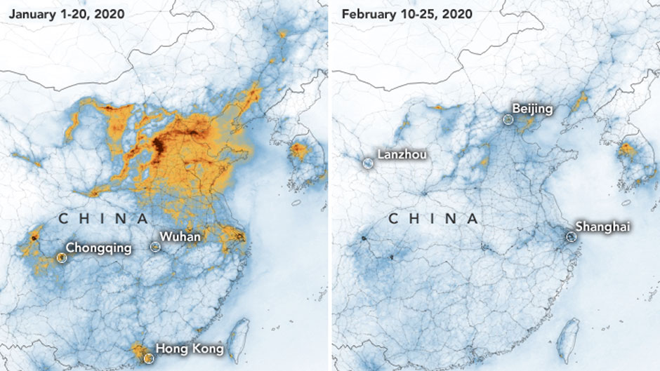 February satellite images of the lower atmosphere over China show a dramatic decline in nitrogen dioxide (N02) levels compared to images from early January before the government lockdown in Hubei province. NASA Earth Observatory