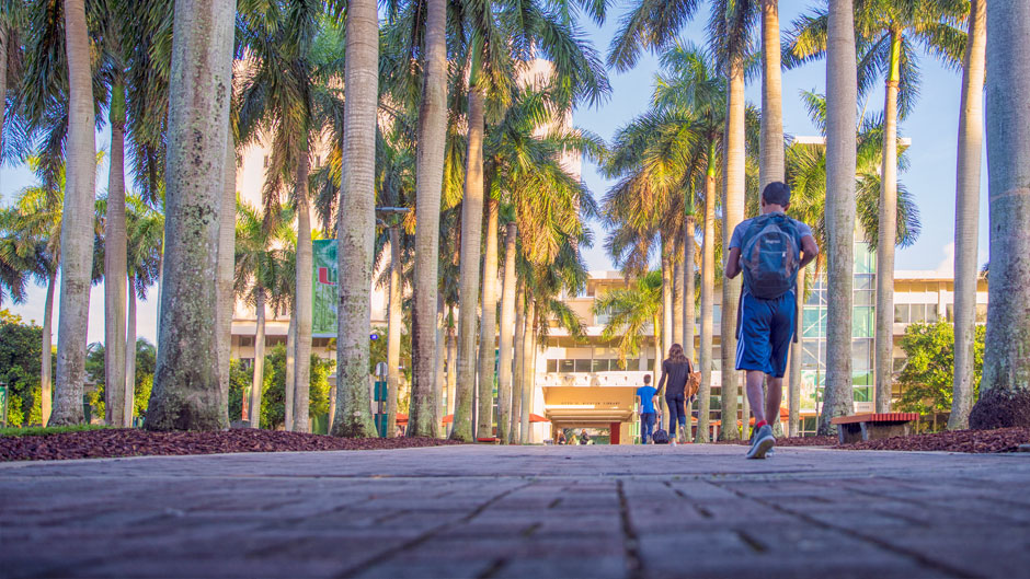 Students walk toward the Otto G. Richter Library on the University of Miami Coral Gables campus.