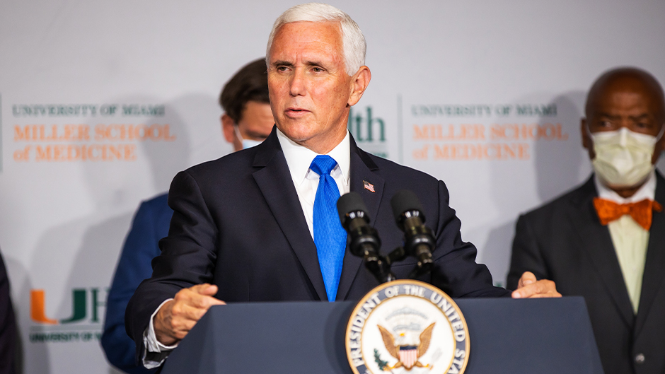 Vice President Mike Pence speaks during a press conference at the the University of Miami Miller School of Medicine on July 27, 2020 in Miami, Florida. Photo: TJ Lievonen/University of Miami