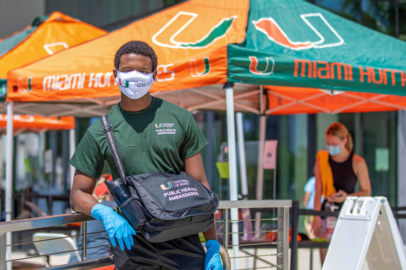 First-year student Jacques Calixte is one of 75 public health ambassadors on the Coral Gables Campus. Photo: Mike Montero/University of Miami