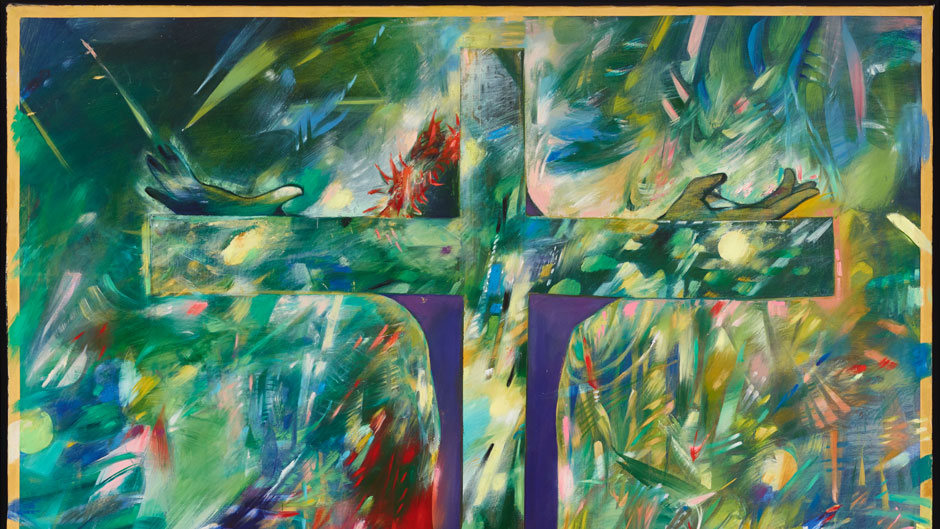Ada Balcácer, El Crucifijo (Crucifix), 1988. Oil on canvas, 84 1/2 × 69 3/4 in. Lowe Art Museum, University of Miami. Gift of the Artist, 2013.25. © 1988 Ada Balcácer.
