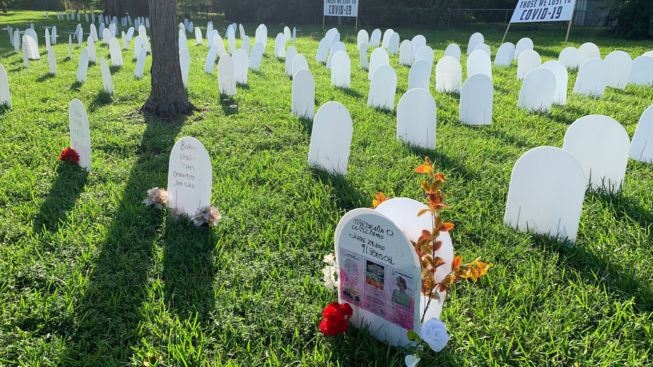 Some 500 temporary headstones have been erected at Simonhoff Floral Park in Miami's Liberty City to represent the many victims of COVID-19 in Miami-Dade. The headstones are just a fraction of the more than 3,600 people in Miami-Dade who have died from the virus.