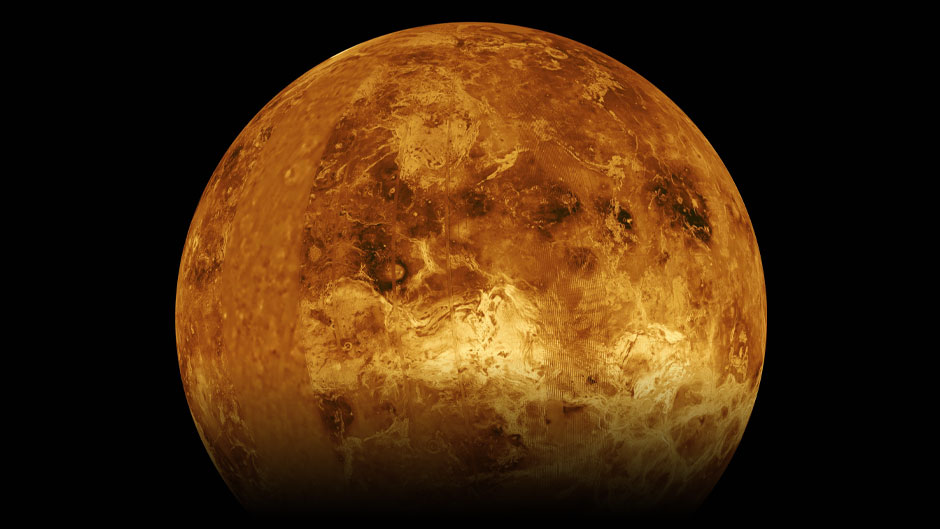 This global view of the surface of Venus is centered at 180 degrees east longitude. Magellan synthetic aperture radar mosaics from the first cycle of Magellan mapping are mapped onto a computer-simulated globe to create this image. Photo: NASA/Jet Propulsion Laboratory