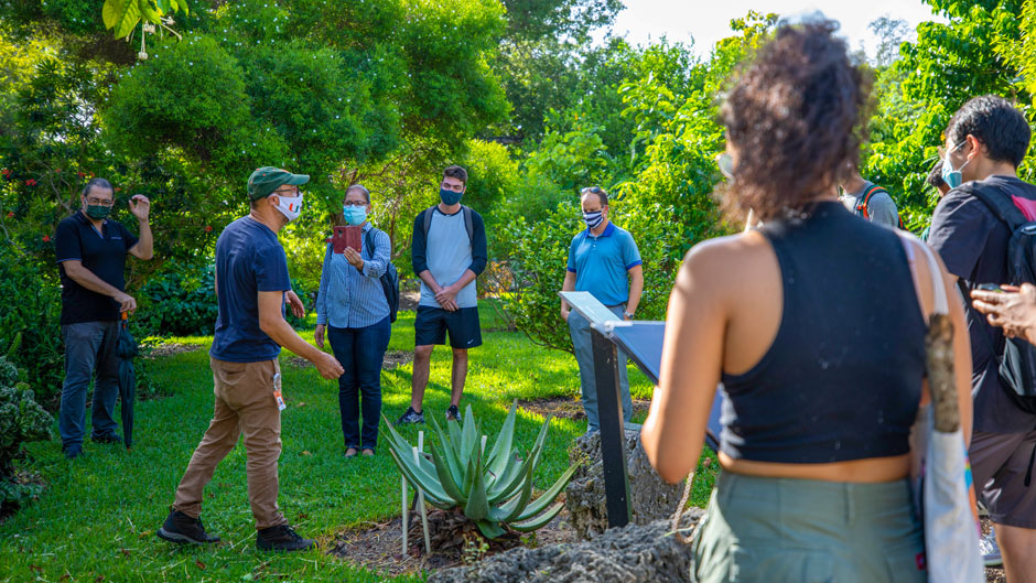 Mauro Galetti, director of the Gifford Arboretum, shows students the Mayan section of the tree haven. Photo: Mike Montero/University of Miami