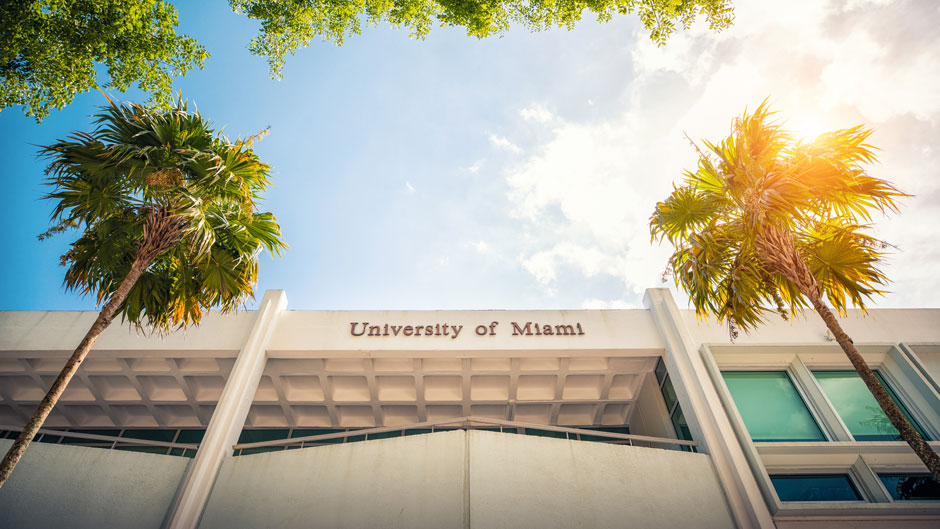 Exterior of the Whitten University Center with University of Miami signage.
