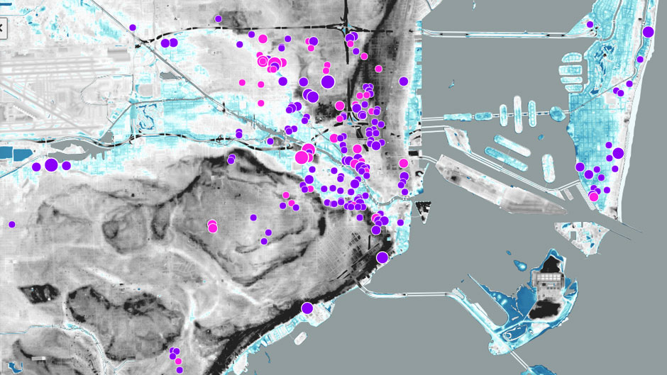 This image shows projected sea level rise with affordable and subsidized housing units (pink and purple dots) in the MAP tool.