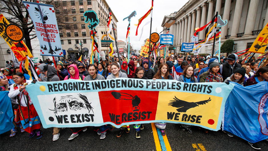 America Indians and their supporters march toward the White House in Washington, Friday, March 10, 2017, to rally against continued construction of the disputed Dakota Access pipeline. (AP Photo/Manuel Balce Ceneta)