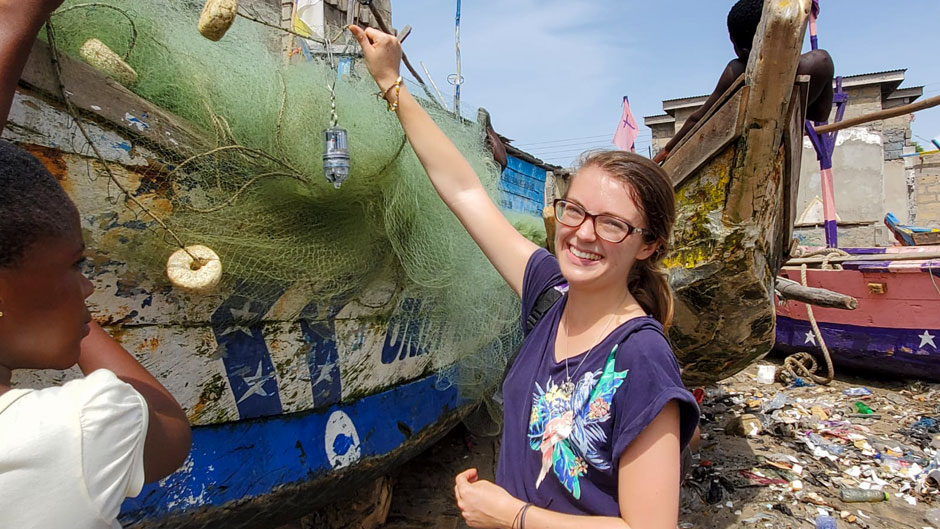 Graduate biology student Leyna Stemle in Winneba, a fishing village in Ghana where she and a research team tested whether green LED lights could deter sea turtles from swimming into fishing nets.