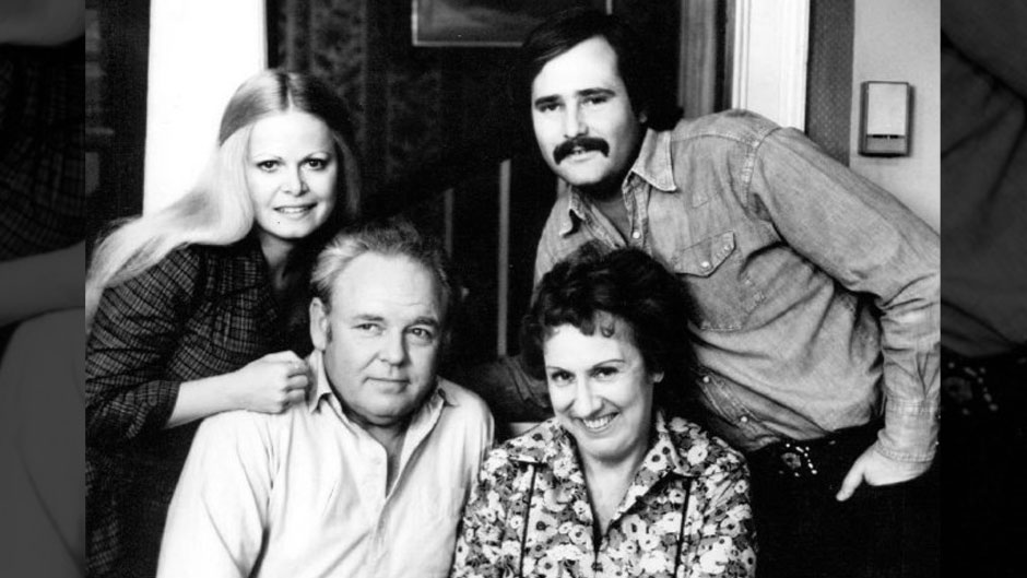 Photo of the cast of the television program All in the Family. Standing are Sally Struthers (Gloria) and Rob Reiner (Michael); seated are Archie (Carroll O'Connor) and Edith (Jean Stapleton), who is holding the child who played the Bunker's grandson, Joey. (CBS Television)