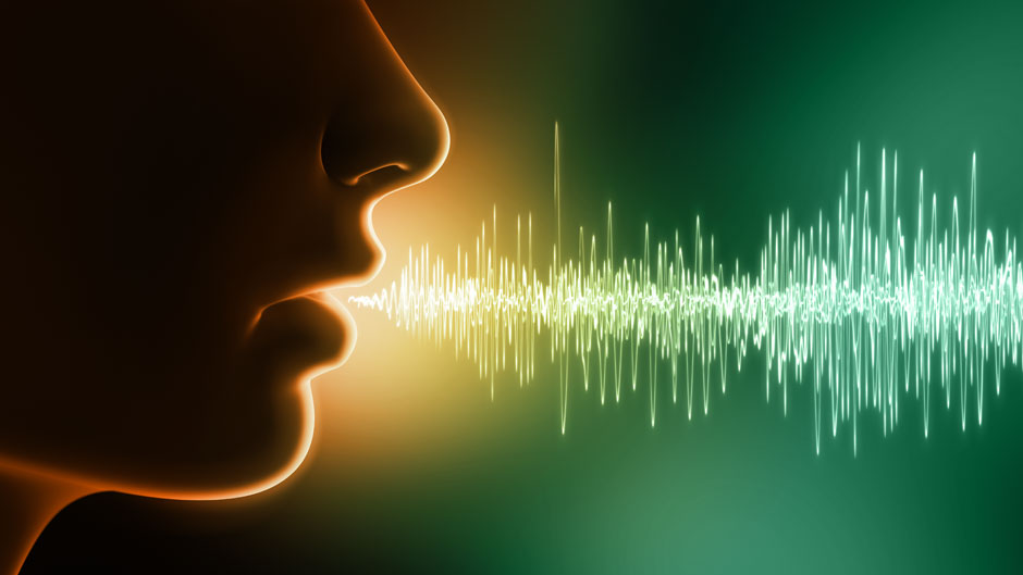 Graphic showing profile of face and speech/audio wave