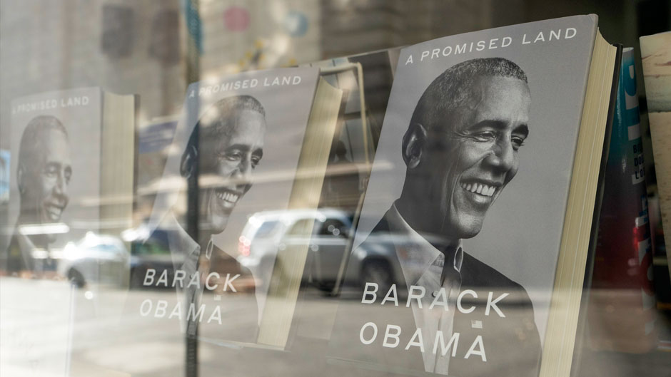 "A Promised Land" by former President Barack Obama is displayed in the window of a New York bookstore, Wednesday, Nov. 18, 2020. (AP Photo/Mark Lennihan)