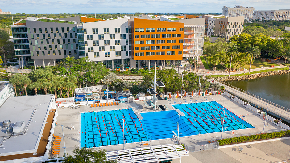 An aerial view of the University Center Pool and Lakeside Village on the Coral Gables Campus. Photo: TJ Lievonen/University of Miami
