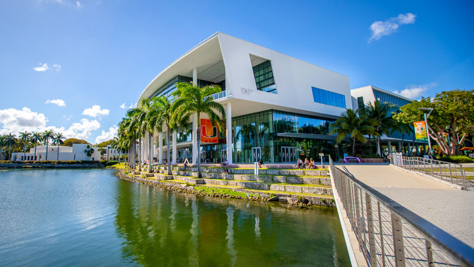 The Shalala Student Center from across Lake Osceola. PHOTO: Mariano Copello/University of Miami