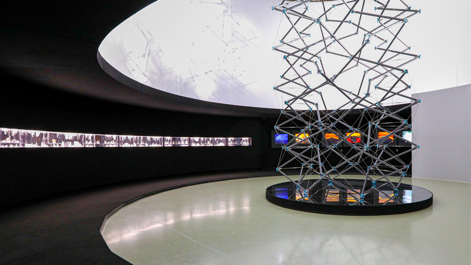 Tencylinder, a tensegrity structure designed for Hermès latest watch line by artist Clément Vieille with engineering assistance from professor Landolf Rhode-Barbarigos and architects Filippo Broggini, and Felix Stampfli, is displayed in Geneva’s Bâtiment des forces Motrices (BFM), a hydraulic power plant built in the late 1800s that was converted to a performance art center in the 1980s. Photos courtesy of Allain Herzog/Hermès.