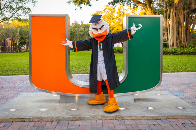 Sebastian the Ibis poses in front of the U statue wearing Commencement regalia.