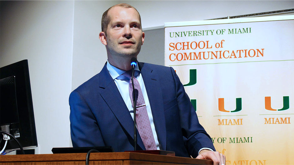 Javier Morgado was honored with the South Florida Communicator of the Year Award during the 70th Annual Student Media Awards, hosted by the School of Communication in 2019. Photo: Karina Valdes/University of Miami
