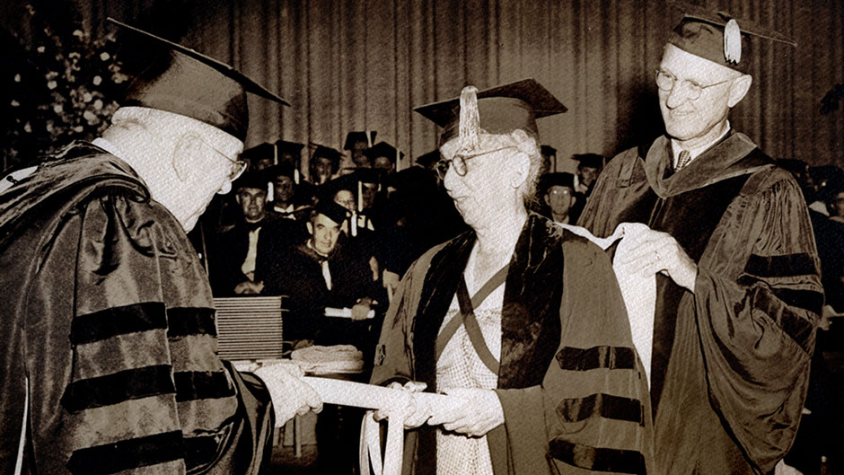 Marjory Stoneman Douglas receiving diploma from University of Miami President Henry King Stanford. Photo: University of Miami Libraries Special Collections