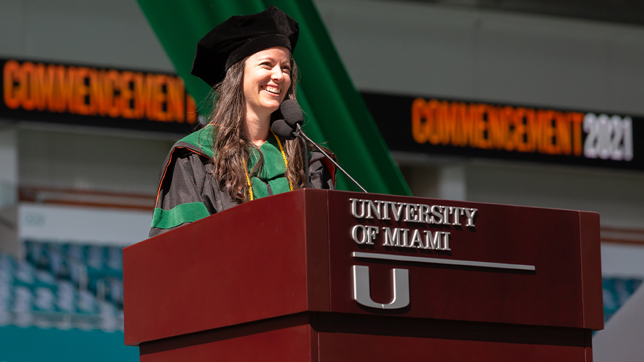 Madeline A. Cohen delivers remarks during the Miller School of Medicine ceremony on Wednesday, May 12.