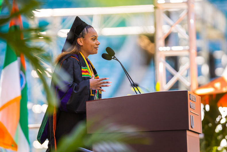 Student speaker Jordan Rhodes delivers remarks at the School of Law ceremony on Wednesday, May 12. Photo: TJ Lievonen/University of Miami