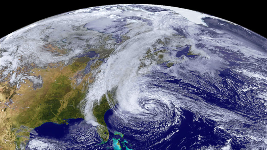 NOAA’s Geostationary Operational Environmental Satellite 13 (GOES-13) captured this natural-color image of Hurricane Sandy on October 28, 2012.