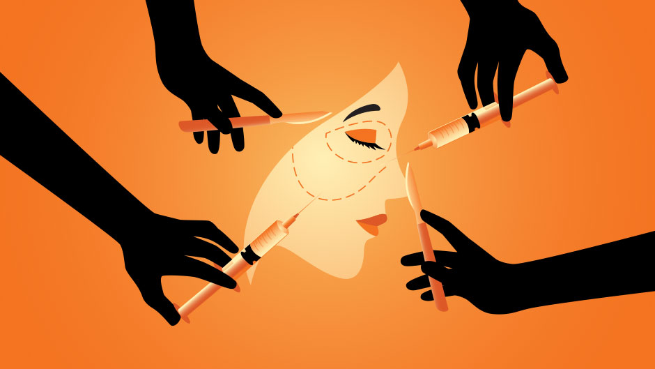 Vector illustration of hands holding scalpels and syringes near woman face, symbol of plastic surgery