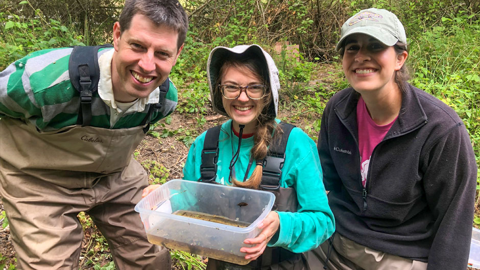 Left to right: Christopher Searcy, assistant professor of biology; Leyna Stemle, and postdoctoral researcher Arianne Messerman.